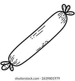 Cartoon Sausage Illustration. Hand-drawn style illustration of a sausage. Red meat sausage with tied ends, isolated on a white background. Perfect for food-related content, cooking themes, restaurant.