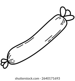 Cartoon Sausage Illustration. Hand-drawn style illustration of a sausage. Red meat sausage with tied ends, isolated on a white background. Perfect for food-related content, cooking themes, restaurant.
