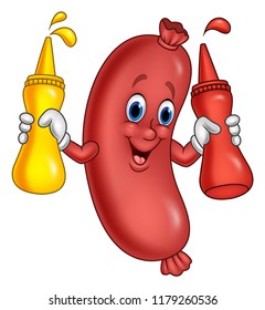 Cartoon sausage with mustard sauce and ketchup squeeze bottles