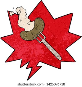 cartoon sausage on fork with speech bubble in retro texture style