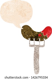 Karikaturwurst auf Gabel mit Sprachblase in brüchiger Retro-strukturierter Form
