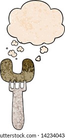 cartoon sausage on fork with thought bubble in grunge texture style