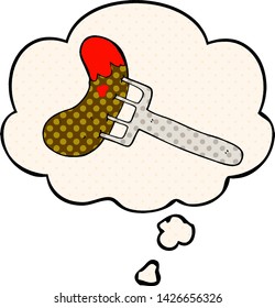 cartoon sausage on fork with thought bubble in comic book style