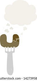 cartoon sausage on fork with thought bubble in retro style