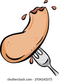 Una salchicha de caricatura en una ilustración de un vector de horquilla