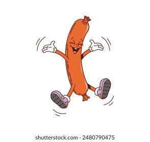 Cartoon sausage retro groovy breakfast character. Isolated vector joyful food personage with smiling face and hands raised, jumping or dancing. Sausage wearing shoes and exudes a lively and funky vibe