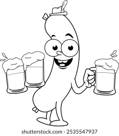 Cartoon sausage serving glasses of cold beer at Oktoberfest. Funny Oktoberfest bratwurst hot dog mascot with drinks. Vector black and white coloring page.