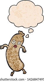 cartoon sausage with thought bubble in grunge texture style