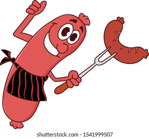 A cartoon Sausage who is cooking sausage in happy mood and thumbs up. 