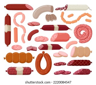 Kartoonwürste, Fleischerzeugnisse aus dem Fleischladen. Frisches Fleisch, halb fertige Würste und frankfurter, flacher Vektorgrafik-Set. Entnahme von Fischfleisch