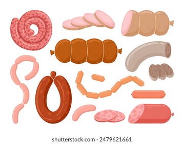 Cartoon sausages. Meat sausages and ham, butcher shop meat semi-finished products flat vector illustration set. Delish meat sausages and frankfurters