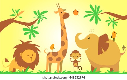 Cartoon savanna animals lion elephant monkey giraffe birds vector illustration