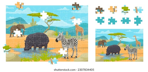 Caricatura de animales africanos de sabana. Piezas de juego de rompecabezas. Corregir el rompecabezas de conexión, encontrar figuras hoja de cálculo del vector del test o juego de partes coincidentes con hipopótamo, cebra, jirafa, elefante en sabana