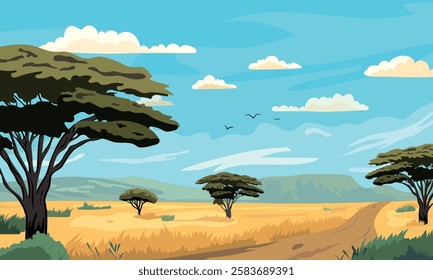 Cartoon savannah landscape. African safari adventure. Vector banner. Explore expedition trip. Nature panorama.