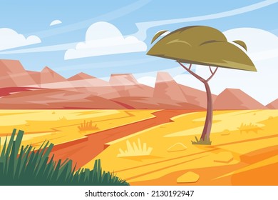 Cartoon savannah landscape. Nature scenery with desert, tree and mountains. Vector illustration. Travel and tourism concept.