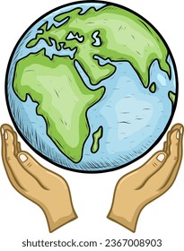 cartoon of save earth with hand nature isolated on white