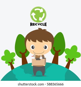 cartoon Saving the Earth, Recycling boy, ecology concept