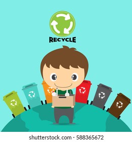cartoon Saving the Earth, Recycling boy, ecology concept