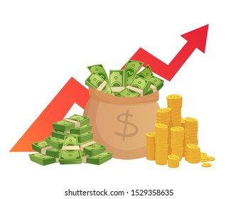 Cartoon savings value growth. Money profit increase, profitable investments chart with red graph arrow and cash pile. Banking profit stack, financial earning wealth vector illustration