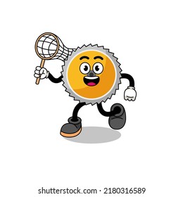 Cartoon of saw blade catching a butterfly , character design