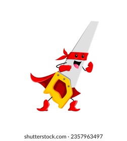 Cartoon saw superhero character. Isolated vector dynamic powerful super hero tool personage with a determined look, red mask and cape ready to tackle any challenge with precision and strength