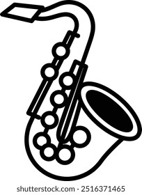 Um saxofone de desenho animado com uma ponta preta e branca. O saxofone é desenhado de forma estilizada, com foco na forma e forma do instrumento. Conceito de brincadeira e criatividade