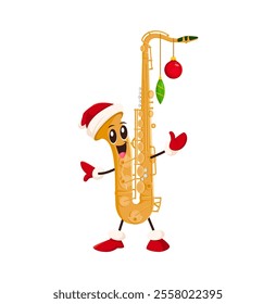 Cartoon saxophone character wearing Santa hat and gloves, adorned with bright baubles exudes winter holiday vibe. Isolated vector festive sax brass wind instrument bringing musical joy to Xmas eve