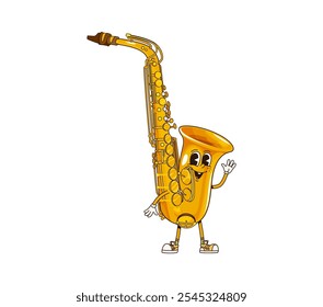 Cartoon saxophone groovy musical instrument character. Isolated vector funny sax personage with happy smile and expressive, waving hand, ready for jazz concert, music school education and performance