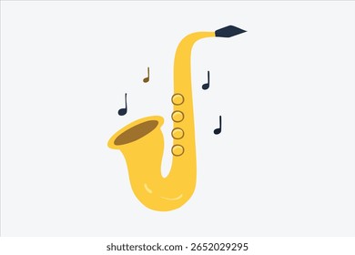 Cartoon Saxophone with Music Notes Floating Around on a White Background