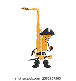 Cartoon saxophone musical instrument pirate and corsair character features a playful face, tricorn captain hat, boots, belt, and smoking pipe. Isolated vector sax personage exudes jazz music vibe