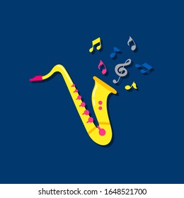Cartoon saxophone with notes and treble clef. Vector illustration