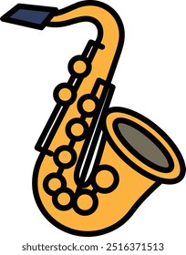 Um saxofone de desenho animado com corpo amarelo e pontas pretas. O saxofone é desenhado de forma estilizada, com foco na forma e forma do instrumento. Conceito de brincadeira e criatividade