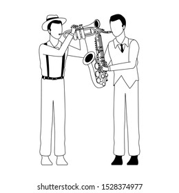 cartoon saxophonist and trumpeter over white background, vector illustration