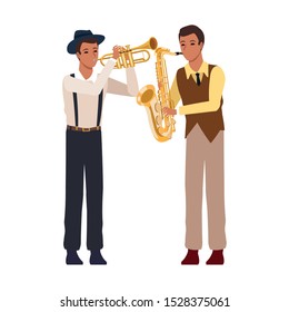 cartoon saxophonist and trumpeter over white background, colorful design. vector illustration