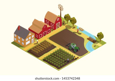 Cartoon scale model of a farm with tractor, orchard and barns with a farmer working in a field alongside a river isolated on white