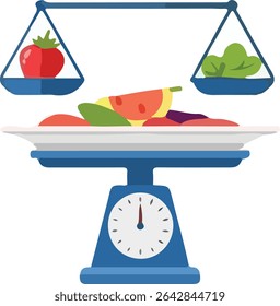 A cartoon scale weighs a tomato and some lettuce, with a plate of food in the middle.