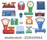 Cartoon scales. Household scale, equipment for kitchen stores home. Different isolated weighing systems for market, food and goods, nowaday vector set