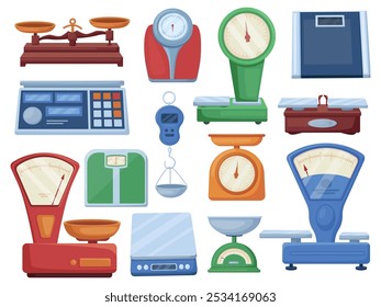 Escalas de desenhos animados. Escala doméstica, equipamentos para a cozinha lojas casa. Diferentes sistemas de pesagem isolados para o mercado, alimentos e bens, hoje conjunto de vetor