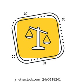 Cartoon scales icon vector illustration. Weight on isolated yellow square background. Justice sign concept.