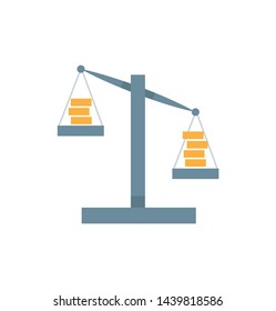 Cartoon scales symbol infographics element. Weighing-machine with gold coins slightly overbalanced. Price comparsion, profit and price measure concept. Simple flat vector illustration isolated.