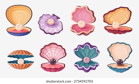 Cartoon scallop pearl shells or seashells open sea oysters with treasure jewelry, vector set. Scallop shells or mother pearl seashells with pearl balls for underwater fairy tale or undersea treasure