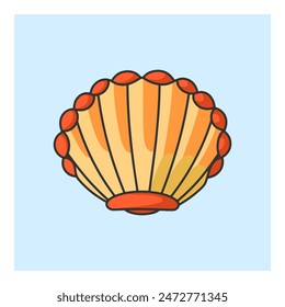 Cartoon scallop shell. Seashell clipart isolated on blue background. Colorful hand drawing vector.