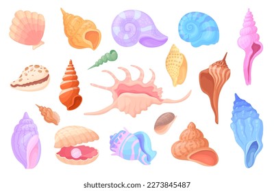 Cartoon scallops. Tropical concha sea snail oyster clam scallop seashells, mollusks spiral shells aquarium or underwater wildlife, colorful conch neat vector illustration of sea scallop marine