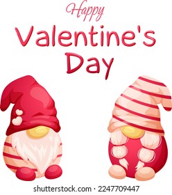 Cartoon Scandinavian gnomes and happy Valentine's day on transparent background