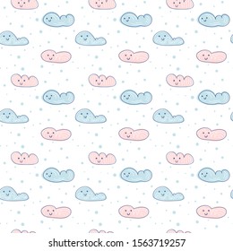 Cartoon scandinavian seamless pattern. Vector landscape with clouds and snowflakes. Illustration can be used for wallpaper, textile, web page background