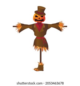 Cartoon Scarecrow Character. Halloween scarecrow with a Jack Straw head wearing a torn shoe and a hat topper isolated on white background. Stock vector illustration.