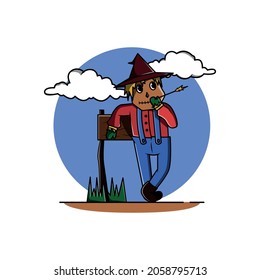 Cartoon-Regenbogenhaube, die sich auf Holzledergrafik zurücklehnt