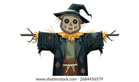 A cartoon scarecrow with a hat and stitched face stands with arms outstretched.