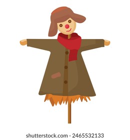 Cartoon scarecrow illustration with cute character, wearing a straw hat and coat, standing in a rustic autumn farm field