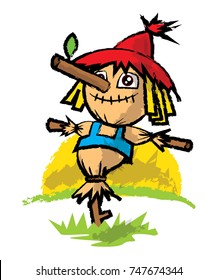 Cartoon scarecrow is standing in a garden with big sunset background. Vector illustration